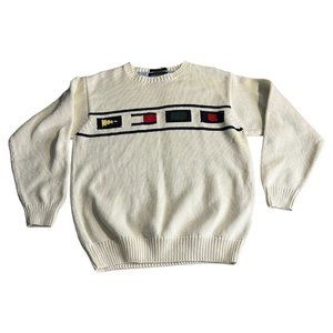 Vintage Tommy Hilfiger Sweater Mens Medium Hand Knit White Golf Flag Pullover